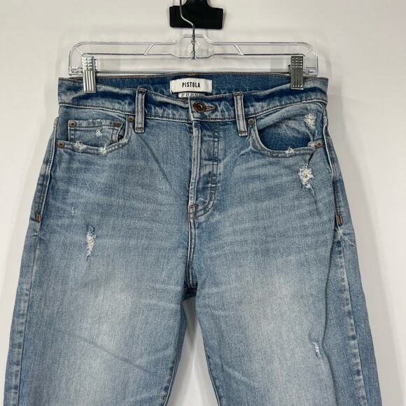 Pistola Charlie Straight Leg Jeans High Rise Busted Knees Distressed Button Fly - Picture 2 of 9